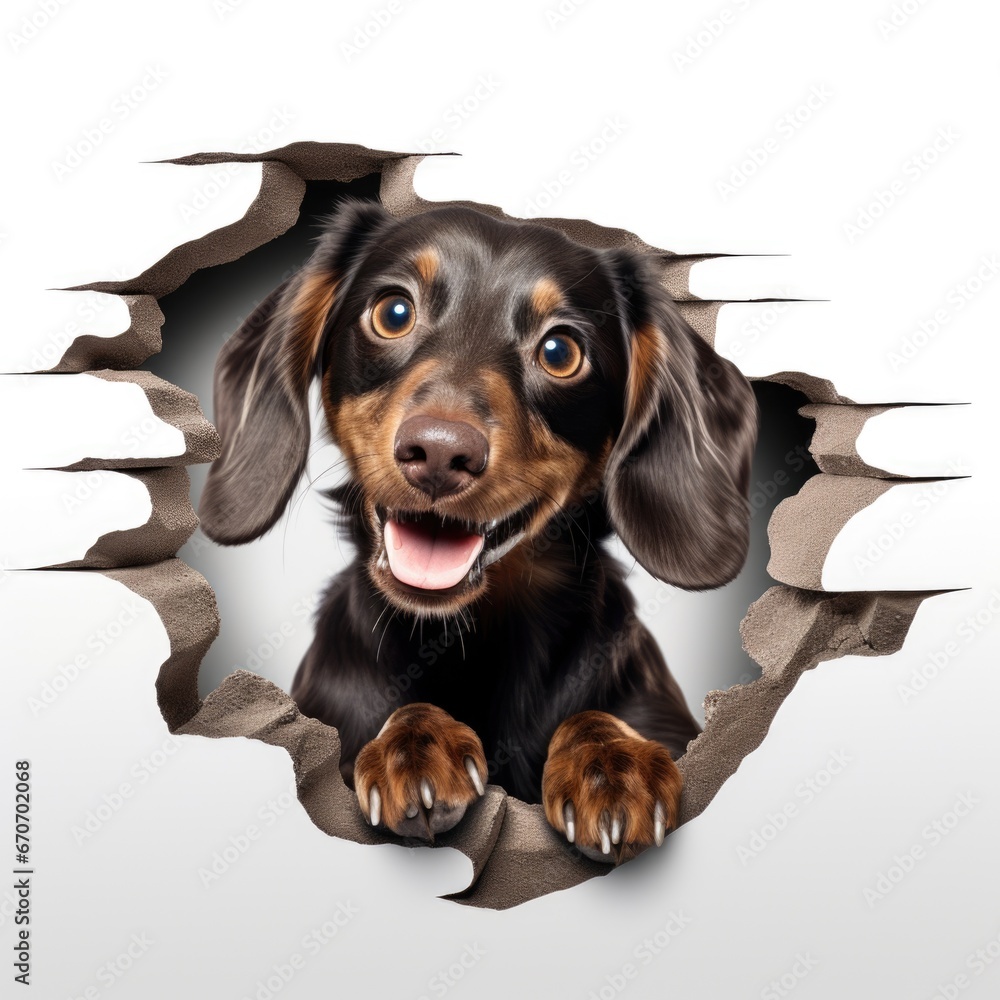 Fotografie A dachshund looking through a hole in a wall