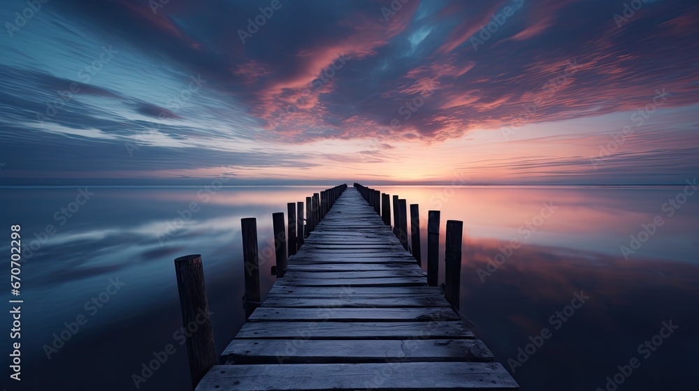 an old wooden pier reflected in the calm sea, evoking feelings of nostalgia and tranquility