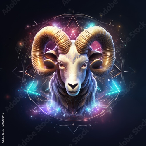 Zodiac sign of aries head with magic light in star wheel   horoscope. Generative Ai.