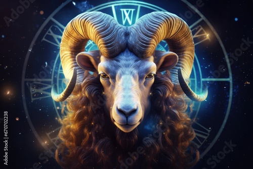 Zodiac sign of aries head with magic light in star wheel , horoscope. Generative Ai.