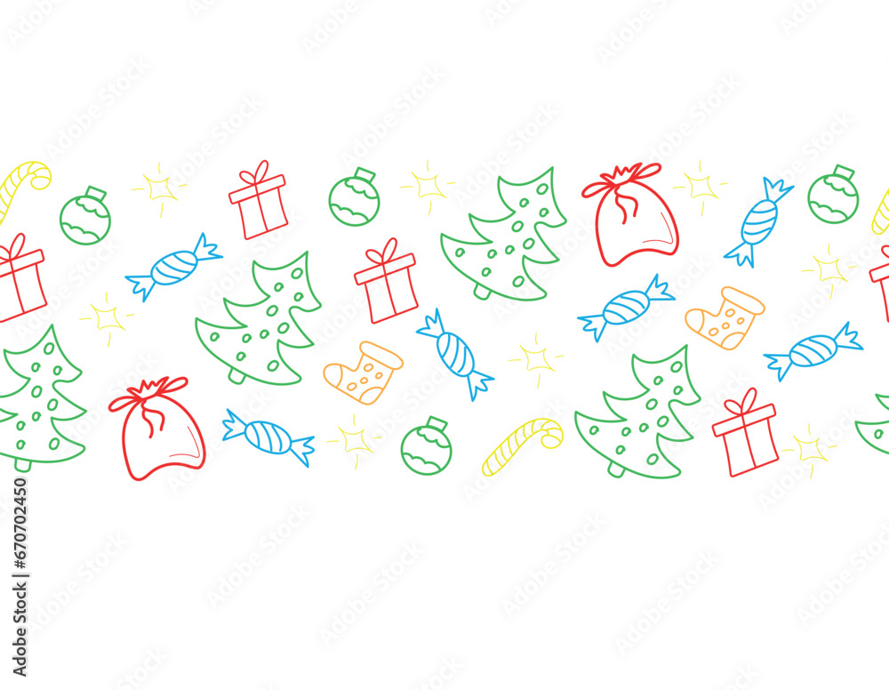 Christmas seamless doodle pattern on transparent background. Horizontal banner. 