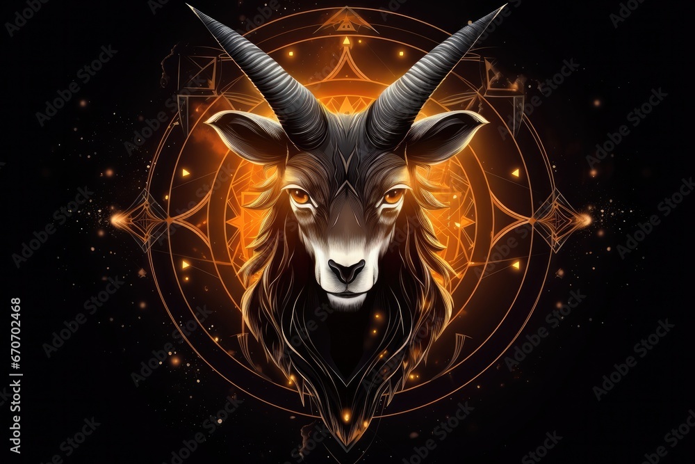 Zodiac sign of capricorn head with magic light in star wheel , horoscope. Generative Ai. - obrazy, fototapety, plakaty 
