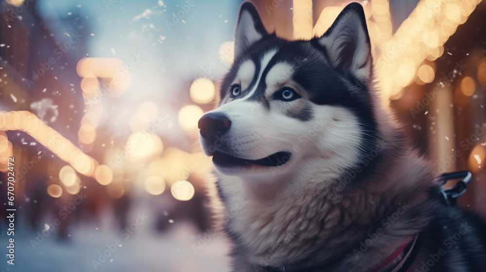 Siberian husky dog in winter in the city. Christmas lights on the background