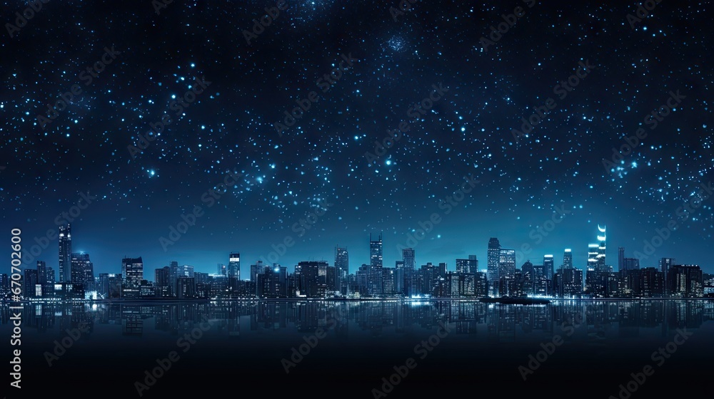 a view of a city at night with a lot of stars in the sky and a reflection in the water.  generative ai
