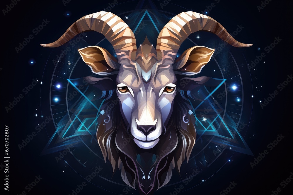 Zodiac sign of capricorn head with magic light in star wheel , horoscope. Generative Ai. Zodiac sign of capricorn head with magic light in star wheel , horoscope. Generative Ai.