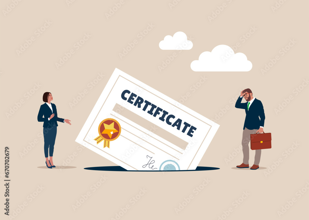 Certificate and award paper fell into a pit. Bad graduate. Unsuccessful laude. Bad review for product, rating to product. Vector illustration Certificate and award paper fell into a pit. Bad graduate. Unsuccessful laude. Bad review for product, rating to product. Vector illustration