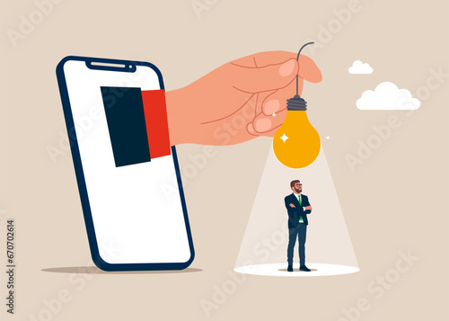 Innovation, creativity or thinking about idea, solution to solve problem or brainstorm. Hand holds light bulb. Flat vector illustration