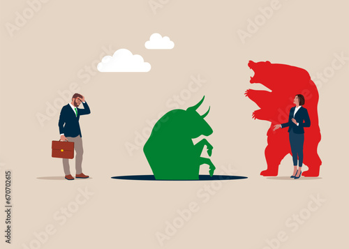 Bull fell into a pit. Bear and Bull fighting. Global economy crash or boom. Vector illustration