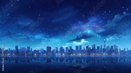  a view of a city at night with stars in the sky and a reflection of the city in the water. generative ai