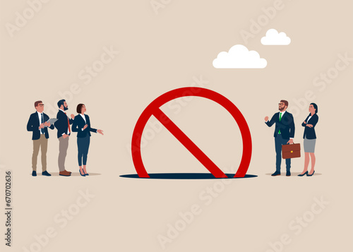 Prohibition symbol fell into a pit. Stop sign, forbidden, attention and warning sign. Vector illustration
