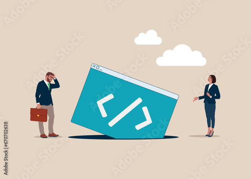 Browser with coding fell into a pit. API, application programming interface, coding to exchange information. Modern vector illustration in flat style