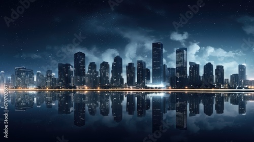  a night scene of a city with skyscrapers and a body of water in front of a full moon filled sky. generative ai