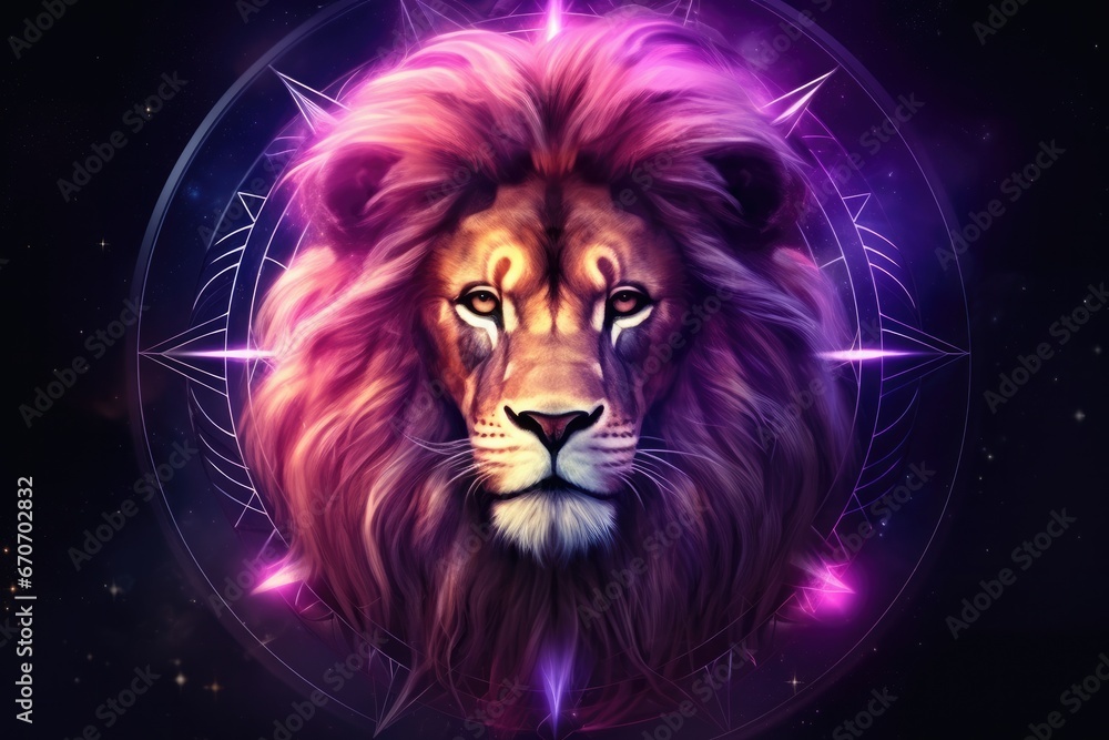 Zodiac sign of leo lion head fantasy lights dark horoscope. Generative Ai.
