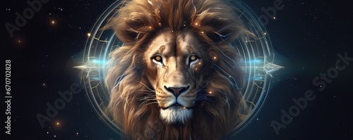 Zodiac sign of leo lion head fantasy lights dark  panorama horoscope. Generative Ai.