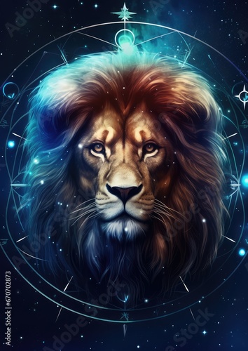 Zodiac sign of leo lion head fantasy lights dark horoscope. Generative Ai.