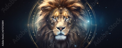 Zodiac sign of leo lion head fantasy lights dark  panorama horoscope. Generative Ai.