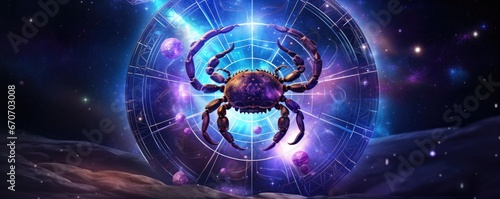 Zodiac sign of cancer crawfish with light in star wheel, panorama horoscope. Generative Ai..