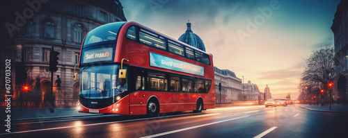 Red modern style London Doubledecker Bus in almost night city. photo