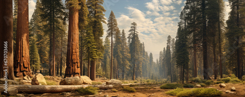 Giant sequoia majestic trees, copy space for text photo
