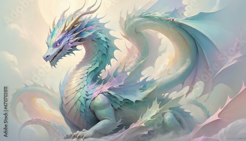 Fantasy illustration of ancient dragon creature in pastel colors digital art style background