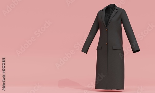 Black wool coat with gold buttons on pink studio background. 3d rendering