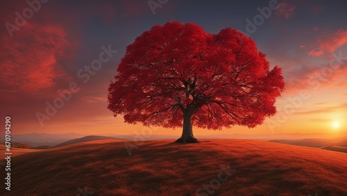 tree in the sunset A lone tree on a hilltop with a canopy of red leaves. The tree is a witness to the changing of the season