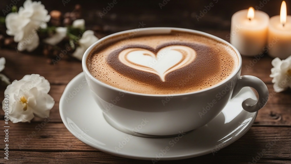 cup of coffee with chocolate A white cup of coffee with a heart made of foam on top. The cup is on a wooden table cup of coffee with chocolate A white cup of coffee with a heart made of foam on top. The cup is on a wooden table