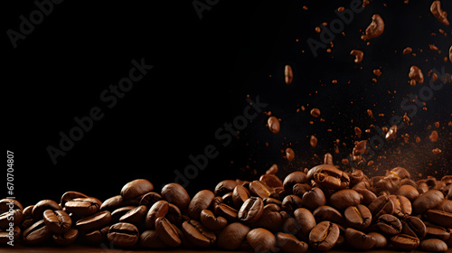 Panoramic coffee beans pouring, png, wide, copy space