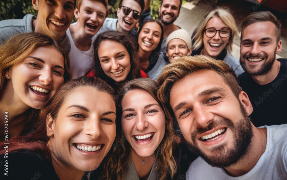Group of cheerful happy young friends taking selfie portrait looking at the camera smiling Group of cheerful happy young friends taking selfie portrait looking at the camera smiling