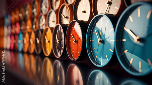 A row of clocks with different time zones on them