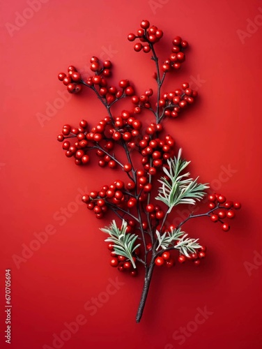 New Year's and Christmas composition. Christmas tree branches with berries on a red background. Flat lay, top view holiday concept, AI generator