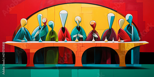 An abstract sculptural digital painting of the Last Supper. Jesus and his apostles at a long table having his last meal before his crucifixion.  photo