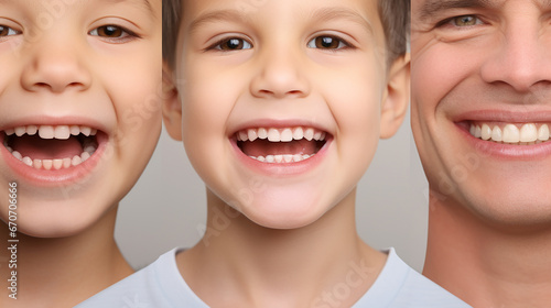 Collage of smiling children and adult with clean and healthy teeth. Dental health concept