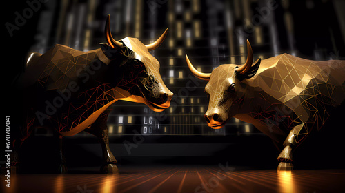 two bulls are facing each other in front of a bar chart with gold bars on it and a black background