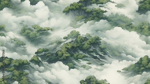  a painting of a mountain covered in clouds and trees in the foreground, with a sky background of green trees and white clouds in the foreground.  generative ai © Anna