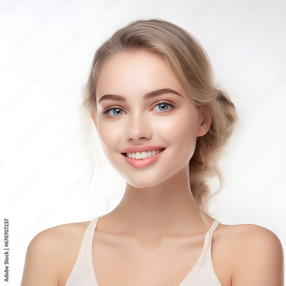 Portrait of young happy woman looks in camera. Skin care beauty, skincare cosmetics, dental concept isolated over white background, photo Portrait of young happy woman looks in camera. Skin care beauty, skincare cosmetics, dental concept isolated over white background, photo