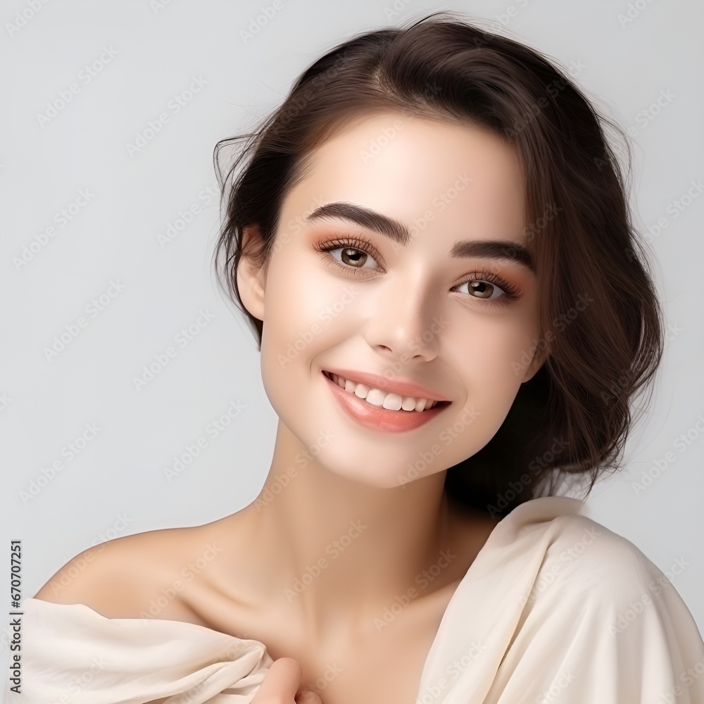 Obraz premium Portrait of young happy woman looks in camera. Skin care beauty, skincare cosmetics, dental concept isolated over white background, photo