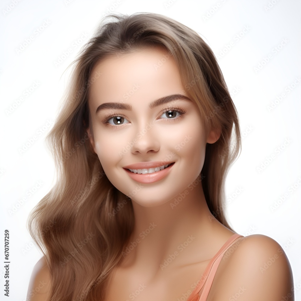 Portrait of young happy woman looks in camera. Skin care beauty, skincare cosmetics, dental concept isolated over white background, photo Portrait of young happy woman looks in camera. Skin care beauty, skincare cosmetics, dental concept isolated over white background, photo