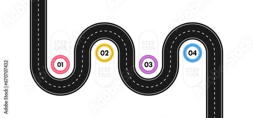 Route infographic template. Winding asphalt road map with four steps, parts, processes or option. Design concept of Logistic, achieving the goal, move step by step. Vector illustration