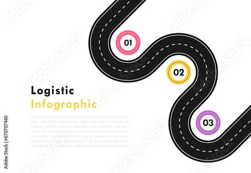 Route infographic template. Winding asphalt road map with three steps, parts, processes or option. Design concept of Logistic, achieving the goal, move step by step. Vector illustration