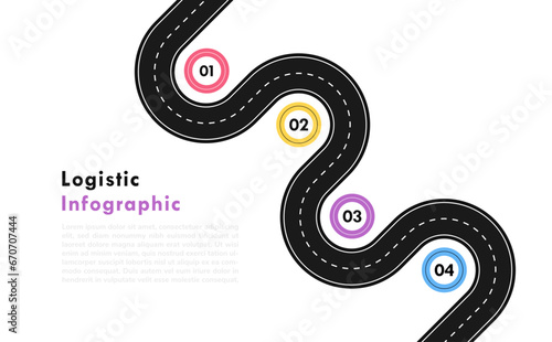 Route infographic template. Winding asphalt road map with four steps, parts, processes or option. Design concept of Logistic, achieving the goal, move step by step. Vector illustration