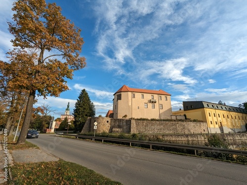 Polna historical city center of Bohemian town with square,column and cathedral and Polna castle,panorama landscape view,Czech republic,Europe