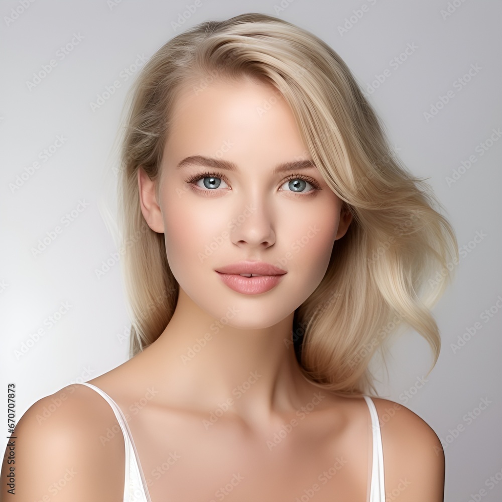 Portrait of young happy woman looks in camera. Skin care beauty, skincare cosmetics, dental concept isolated over white background, photo Portrait of young happy woman looks in camera. Skin care beauty, skincare cosmetics, dental concept isolated over white background, photo