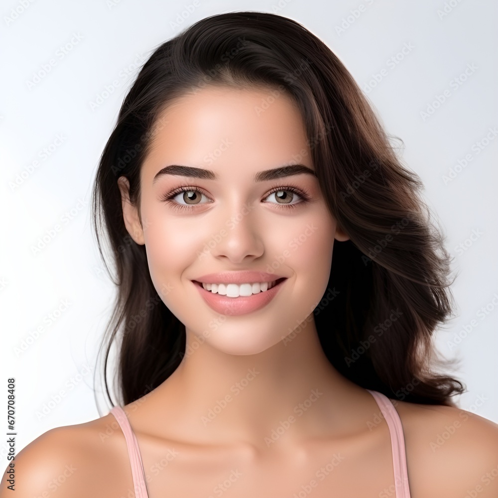 Portrait of young happy woman looks in camera. Skin care beauty, skincare cosmetics, dental concept isolated over white background, photo Portrait of young happy woman looks in camera. Skin care beauty, skincare cosmetics, dental concept isolated over white background, photo
