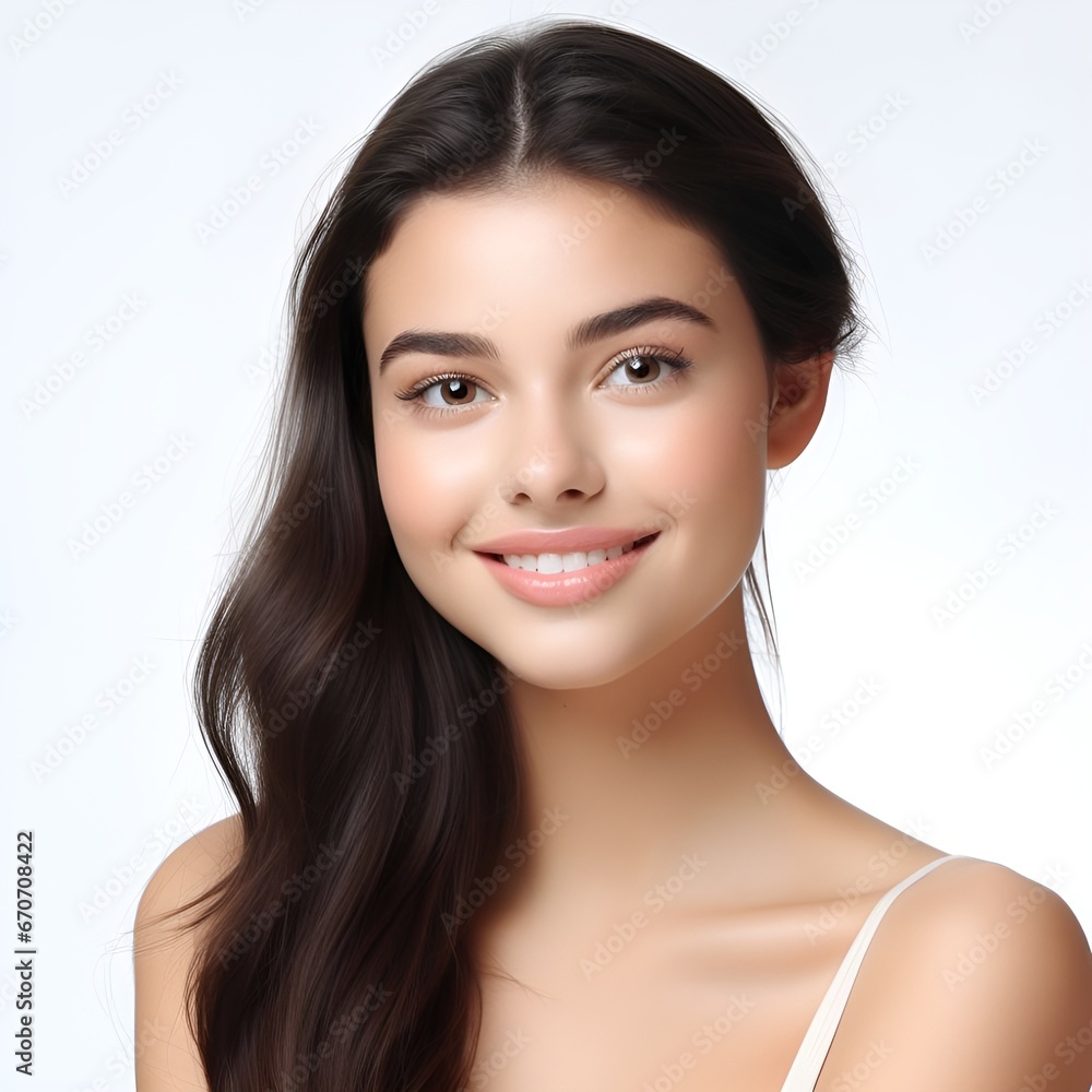 Portrait of young happy woman looks in camera. Skin care beauty, skincare cosmetics, dental concept isolated over white background, photo Portrait of young happy woman looks in camera. Skin care beauty, skincare cosmetics, dental concept isolated over white background, photo