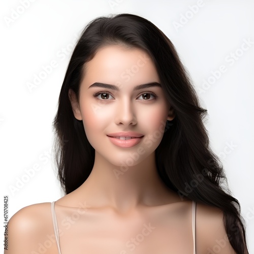 Portrait of young happy woman looks in camera. Skin care beauty, skincare cosmetics, dental concept isolated over white background, photo © Benjamin