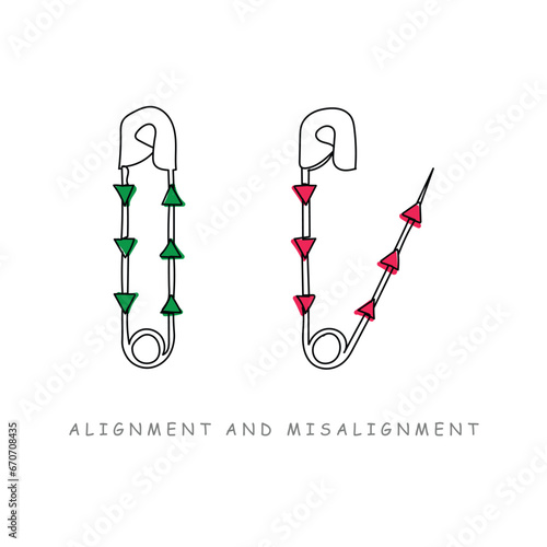 Alignment and Misalignment concept. Safety pins. Connect and disconnect. Switch function. Positive Psychology