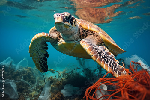 Green sea turtle entangled in a discarded fishing net. Problem of ocean pollution