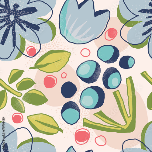 Delicate Blue Hand Drawn Flowers Light Summer Print Seamless Pattern