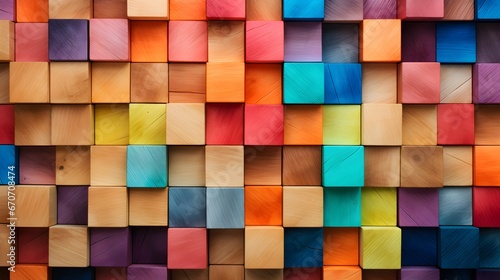 Colorful wooden blocks aligned. Wide format. Generative AI